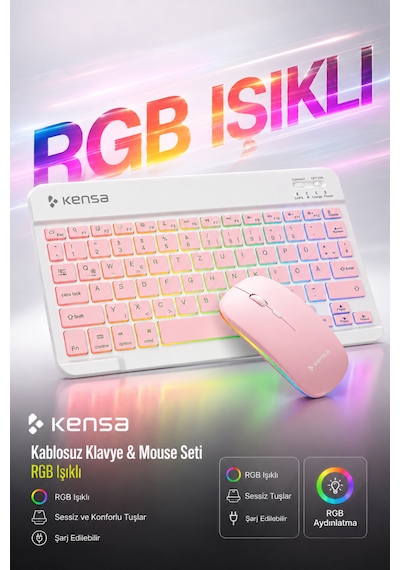 Tablet Ve Bilgisayar İçin Rgb Led Işıklı Taşınabilir Kablosuz Bluetooth Klavye Ve Dongle'lı Mouse Seti Pembe