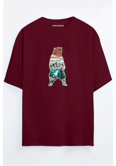Orman Ayı Baskılı Unisex Siyah - Beyaz - Turuncu - Bej Oversize T-shirt Bordo