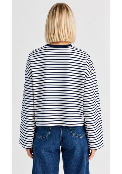 Mevese Kadın Oversize Çizgili Baskılı Uzun Kollu T-shirt - 36 Detaylı Spor Şık Tişört - Ekru-lacivert Ekru - Lacivert