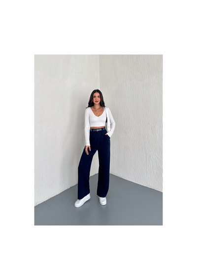 Winmoda34 Kadın Çift Pileli Esnek Kemer Detaylı Palazzo Kumaş Pantolon Lacivert