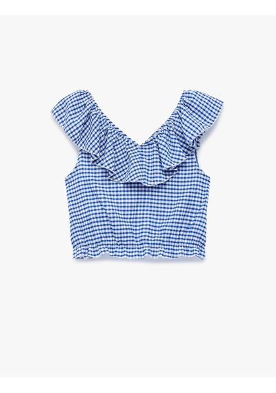 Koton Fırfırlı Kolsuz Düşük Omuz Ekoseli Crop Bluz Mavi Ekoseli 6skg60064ak Mavi