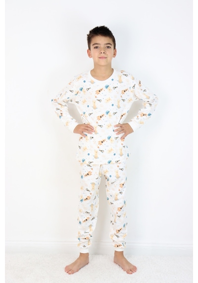 Harika Kids Erkek Çocuk Baskılı İnterlok Kumaş Uzun Kollu Pijama Takımı Beyaz - Gri