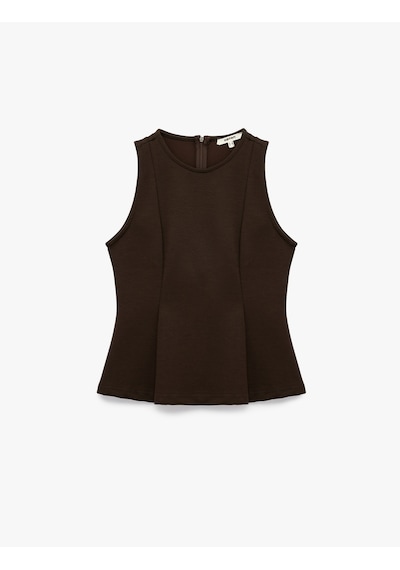 Koton Slim Fit Bisiklet Yaka Kolsuz Peplum Bluz Kahverengi 6wak10149ek Kahve