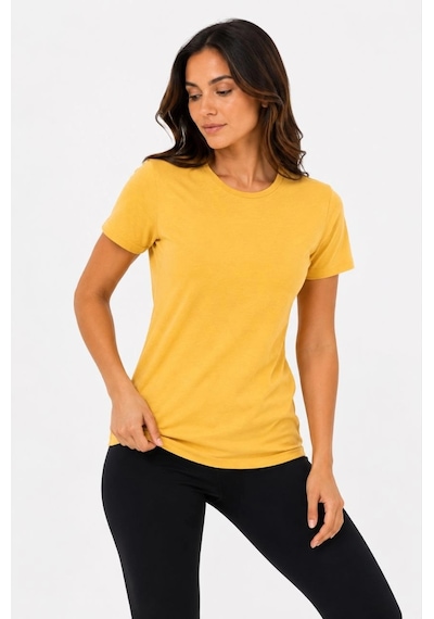 Primemagazam Kadın Basic Tişört Bisiklet Yaka Kısa Kol Günlük Yazlık Slim Fit T-shirt - Sarı Çeşitli