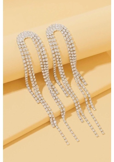 Püsküllü Uzun Sallantılı Zirkon Taşlı Parıltılı Su Yolu Abiye Küpe 6 Cm Silver