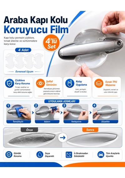 Araba Kapı Kolu Koruyucu Film 4 Lü Set Şeffaf Çizilme Önleyici Koruma Henüz Yorum Yazılmamış. 4 Adet Şeffaf