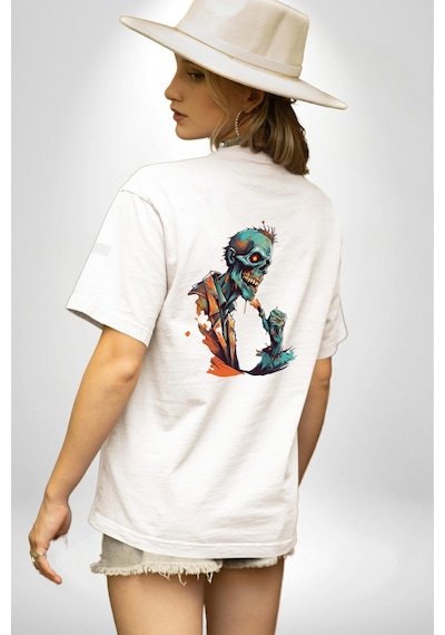 Zombi İskelet Kendine Yumruk Beyaz Oversize Unisex Ön Ve Sırt Baskılı Tişört Beyaz
