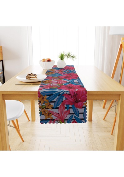Zambak Desenli Mavi Kırmızı Dijital Baskılı Petek Dokuma Runner 40x140