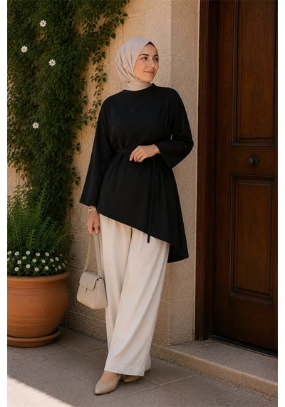 Maşuka Asimetrik Kesim Belden Bağlamalı Bol Kollu Kadın Tunik & Bluz - Şık Ve Modern Tasarım Siyah Siyah Maşuka Asimetrik Kesim Belden Bağlamalı Bol Kollu Kadın Tunik & Bluz - Şık Ve Modern Tasarım Siyah Siyah