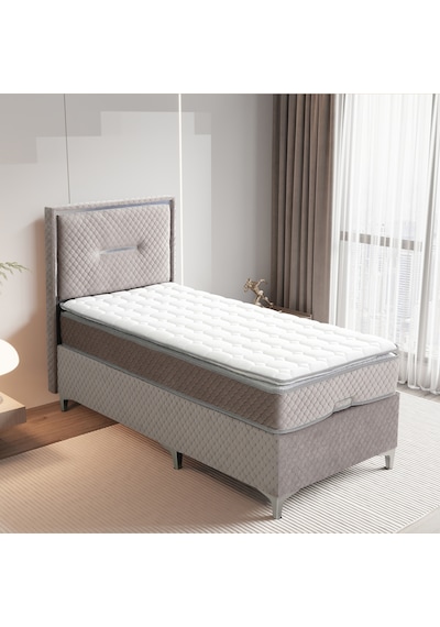 Lina Gri Tek Kişilik Sandıklı Baza + Ortopedik Pedli Yatak + Klapalı Başlık 3 Lü Set 90 x 190 CM