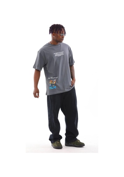 Barlashive Erkek Tişort Bisiklet Yaka Baskılı Oversize T-shirt - Gri Çok Renkli