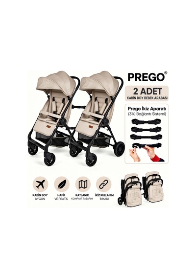 Prego İkiz Apartlı Birleşip Ayrılan Yan Yana İkiz Kabin Boy Bebek Arabası Bej1