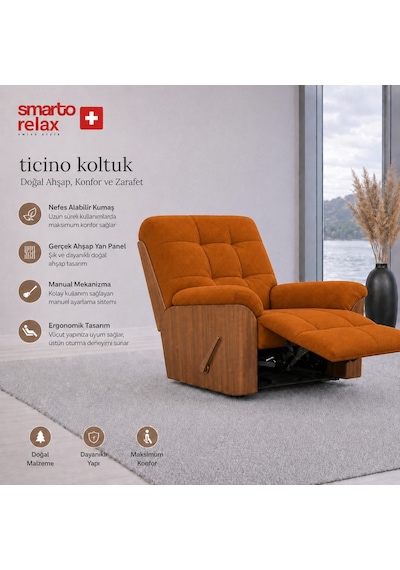 Smarto Relax Ticino Manuel Mekanizmalı Ayak Uzatmalı Ahşap Yan Panelli Polyester Tv Koltuğu Baba Koltuğu Turuncu