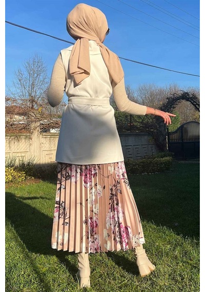 Rabia Şamlı Bej Çiçekli Plise Etek Normal