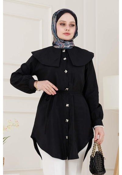 Sevitli Beli Bağcık Detaylı Geniş Yaka Tunik-siyah-4988 Siyah