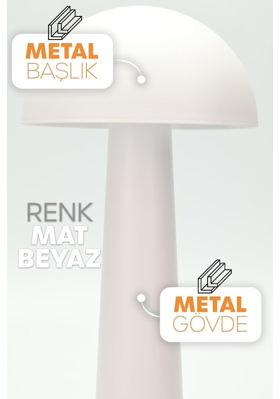 Şarjlı Mantar Masa Lambası Metal Dokunmatik 3 Işık Parlaklık Ayarlı Gece Masa Üstü Lamba Beyaz A4 Çok Renkli