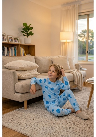 Zuzunga Deniz Temalı Mavi Renk %100 Pamuk Erkek Çocuk Pijama Takımı Bebe Mavi