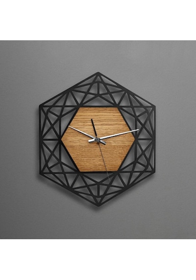 Ahşap Geometrik Desenli Altıgen Model Duvar Saati