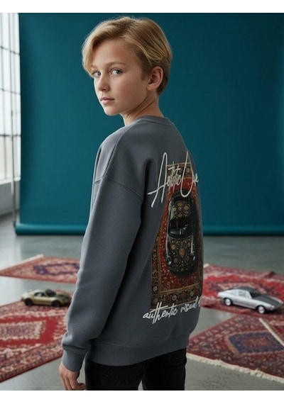 Zekids Erkek Çocuk Sırtı Araba Baskılı Tasarım Sweatshirt-16619 Füme