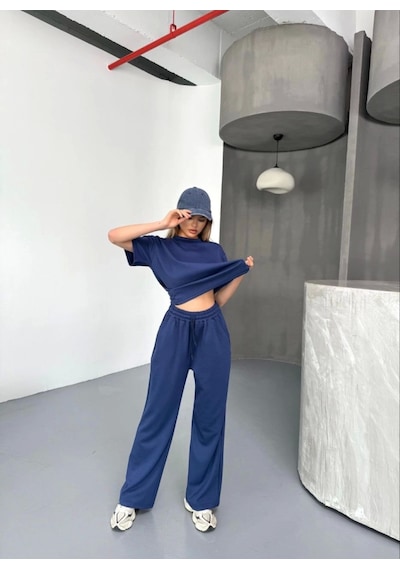 Buğrahayalin Osy Modal Yumuşak Dokulu Kumaş Kısa Kollu Bluz Rahat Pantalon Ikili Takım- Lacivert