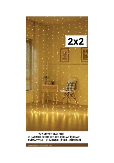 2 2 Metre Perde Led Işık Gün Işığı Tonu, Fişli Dekoratif Led Aydınlatma Sarı