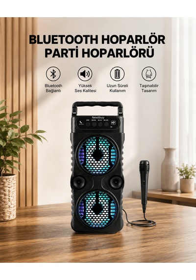 Led Işıklı Bluetoothlu Hoparlör Mikrofonlu Taşınabilir Ses Sistem