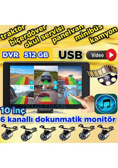 10 İnç 6 Ch 512 Gb Dokunmatik Usb Bsd Dvr Ekran Ahd 720p Rca Beyaz Ledli Kelebek Kamera 12 Volt