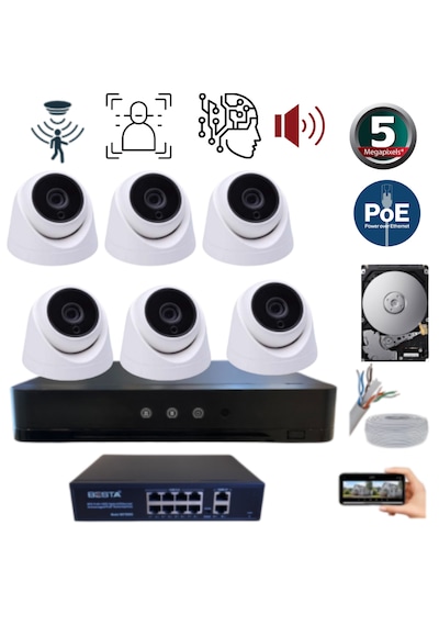 Arna 6 Kameralı Gece Renkli Yapay Zeka 5mp 250gb Hdd Dahil Set