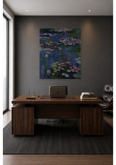 Tam Renk Claude Monet Nilüferler Oda Dekorasyon Dekoratif Kanvas Duvar Tablosu Mavi