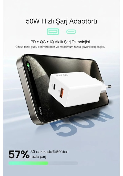 50w Pd Çift Çıkışlı Hızlı Şarj Başlığı Usb-c + Usb-a, Akıllı Güvenlik Çipli 1 Adet