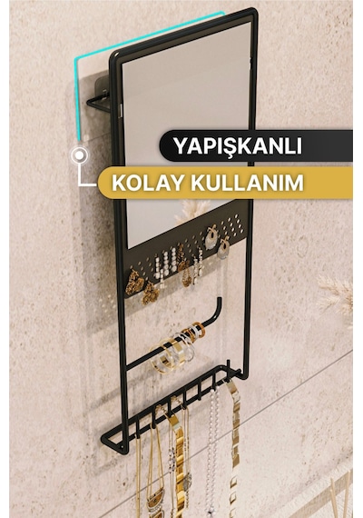 Takı Düzenleyici Takılık Kolye Küpe Bileklik Askılık Aynalı Tasarım Lüks Siyah Mat Ayna