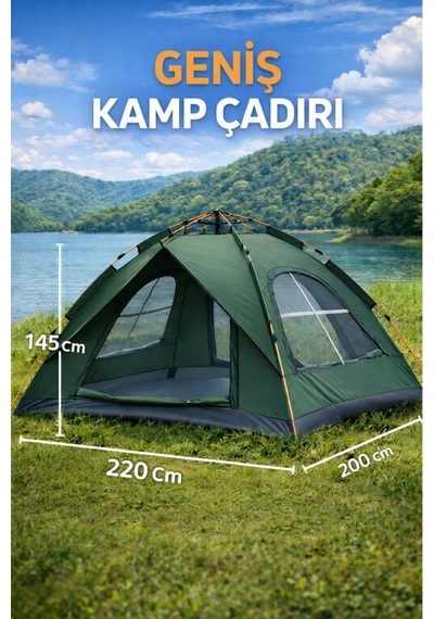 3 Kişilik Otomatik Kamp Çadırı Çift Katmanlı Su Geçirmez Hızlı Kurulum 220x200x145 Cm Yeşil