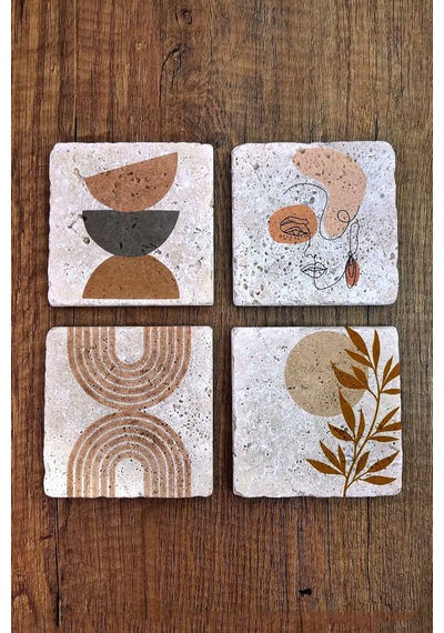 Doğal Taş Bardak Altlığı Modern Desenler Baskılı 4'lü Set 10x10x1 Cm- Stone Coasters Çok Renkli