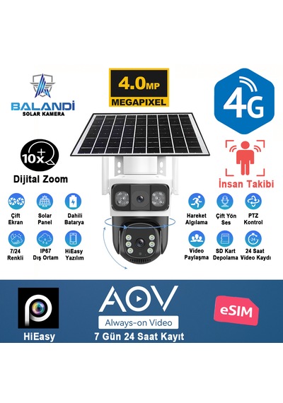 Balandı Pro-8200gıp 4mp 2 Kameralı E-sim 4g Solar Smart Kamera Güneş Panelli Hieasy Yazılım