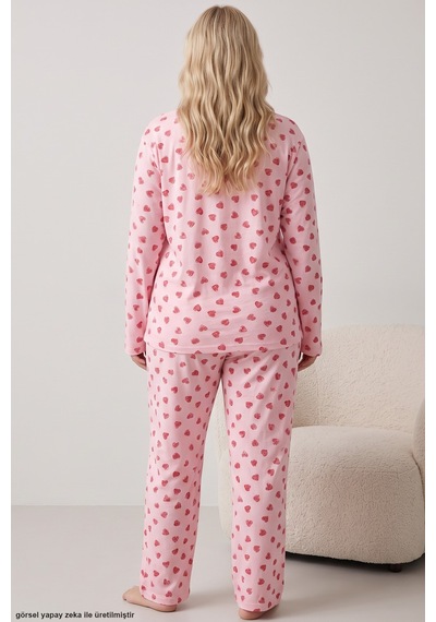 Siyah İnci Baskılı Büyük Beden Battal Boy Örme Pijama Takım 8089 Kırmızı Kalp