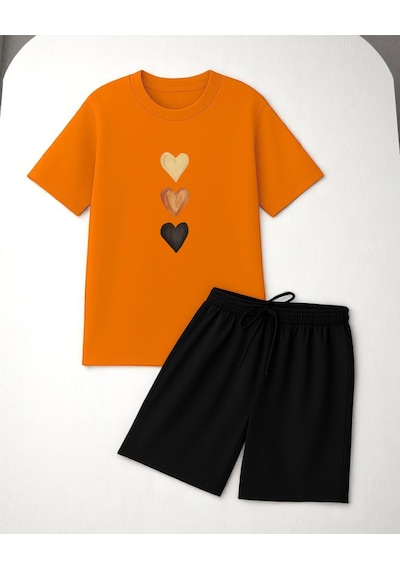 Uyguntarz Unisex 3 Kalp Baskılı Tasarım Şort Takım Turuncu