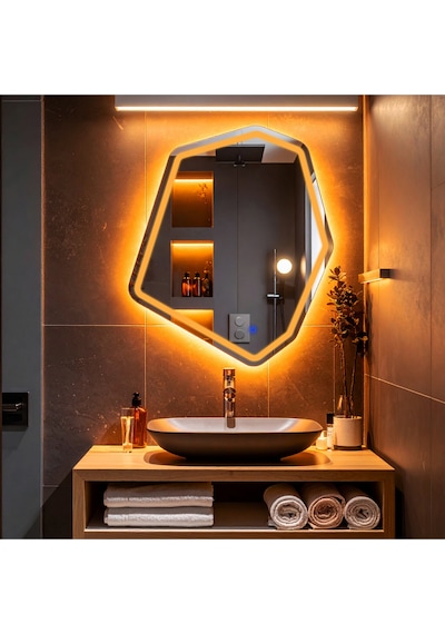 Fluxus Amber Led'li Lazer Kumlamalı Lavabo & Banyo Aynası Dokunmatik Sensörlü 80 X 68 Turuncu