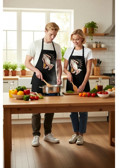 Kadın Unisex Mutfak Aşçı Önlüğü Dua Eden Eller Pizza Baskılı Sana Siyah