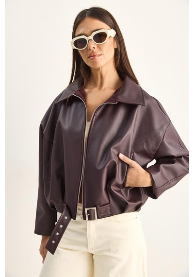 Oversize Tokalı Deri Ceket 3137 60284058 - Bordo