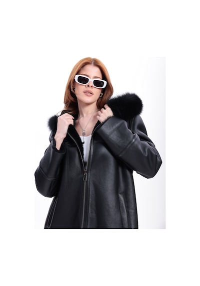 M M Marki Marki Kadın Hakiki Deri Kaban, İçi Kürklü, 85 Cm, Kapüşonlu, Oversize, Siyah Kışlık - 120222