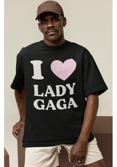 Sevbano Tasarım I Love Lady Gaga Şarkıcı Baskılı Unisex Oversize Tişört Siyah