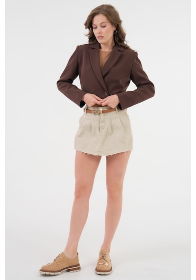 Acı Kahverengi Kruvaze Crop Blazer Ceket Acı Kahverengi