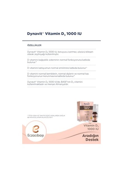 Dynavit Vitamin D3 1000 Iu 25mcg 20 Ml Sprey - Bağışıklık & Kas & Kemik - D3 Vitamini