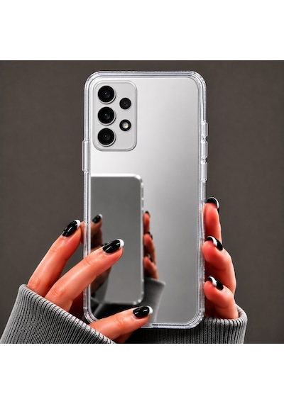 Ennar Samsung Galaxy A73 Uyumlu Aynalı Kılıf Mirror Glass Kamera Korumalı Gün Boyu Makyaj Kontrolü Şeffaf