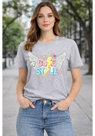 Herkesemoda Cute Stayle Baskı Detaylı Basic T-shırt Gri