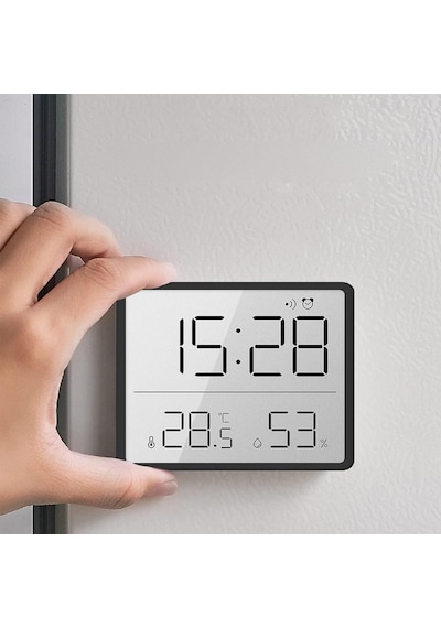 Mıknatıslı Lcd Dijital Ekran 9x7 Cm Pilli Mini Saat Alarm Saat Nem Göstergesi Sıcaklık Ölçer Siyah