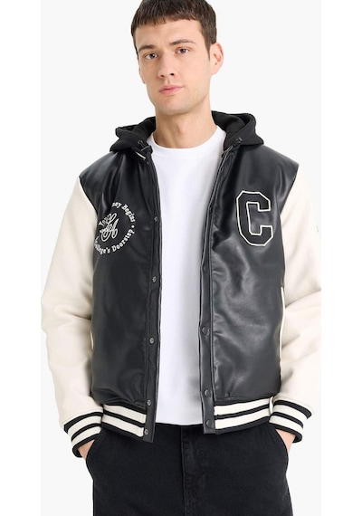 Defacto Regular Fit Kolej Yaka Çıkarılabilir Kapüşonlu Çıtçıtlı Suni Deri Bomber Mont E9972ax25aubk27 Siyah