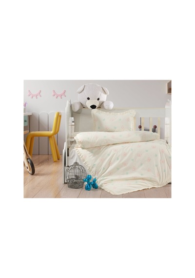 Renkli Kelebek Nakışlı İşlemeli %100 Pamuk Bebek Nevresim Takımı Ekru - 786786729 Ekru