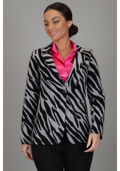 Sweetness Kadın Siyah Gri Zebra Desenli Astarsız Tek Düğme Ceket Gri