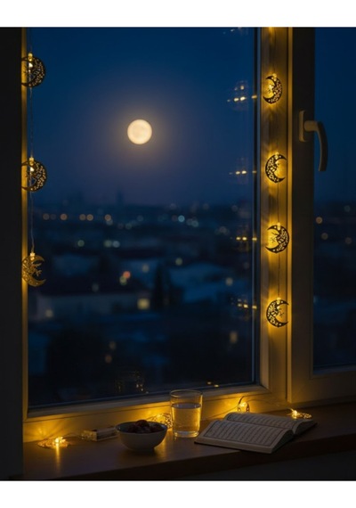 Ramazan Minare Detaylı Hilal Led Işık Günışığı Sarı Metal Süs - Sarı